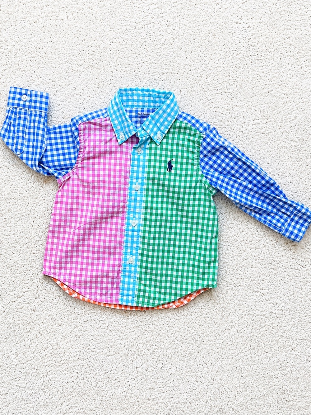 🩵 Ralph Lauren Infant Patchwork Gingham Button Down Shirt 9M 🩷💚